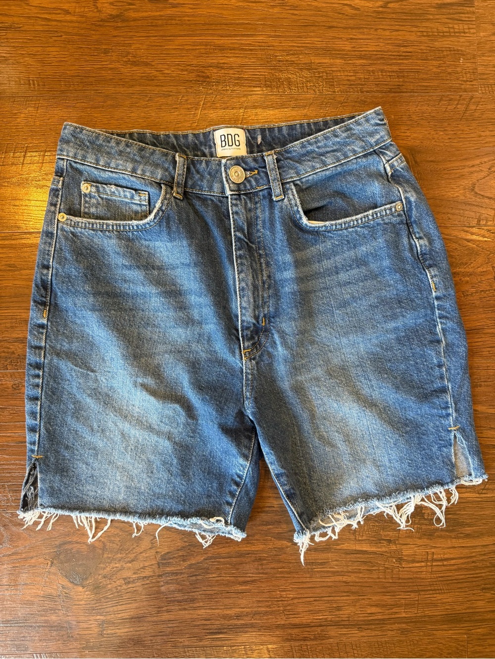 BDG Mid-Blue High-Rise Frayed Hem Denim Shorts